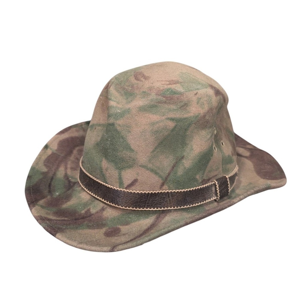 Cabelas Sidney Nebraska Camouflage Felt Wide Brim Hunting Hat Brown Green